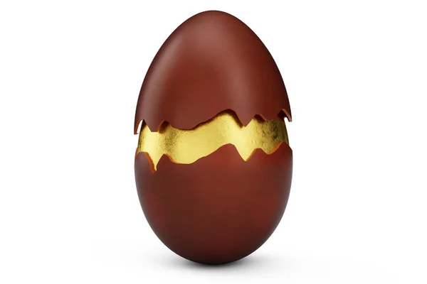 Zlaté luxusní vajíčko pokryté čokoládou. Velikonoční vajíčko. Rozbité, prasklé čokoládové vajíčko. Sladké čokoládové vajíčko, svátek a velikonoční symbol, 3D ilustrace — Stock fotografie