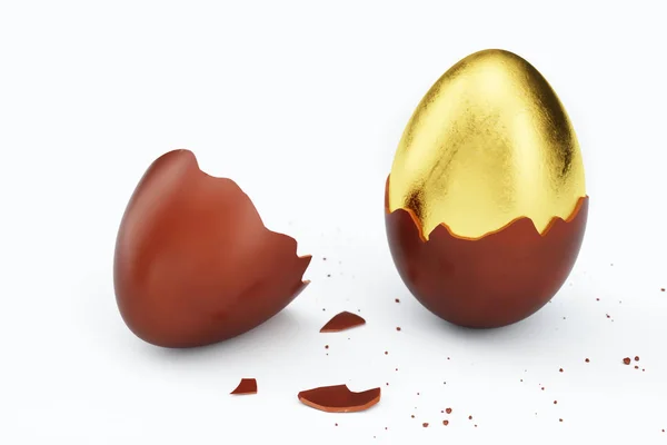 Huevo de lujo de oro y huevo de Pascua de chocolate. Huevo de chocolate roto y quebrado. Huevos de chocolate dulce, vacaciones y símbolo de Pascua, ilustración 3D —  Fotos de Stock