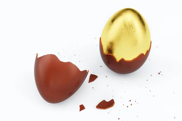 Huevo de lujo de oro y huevo de Pascua de chocolate. Huevo de chocolate roto y quebrado. Huevos de chocolate dulce, vacaciones y símbolo de Pascua, ilustración 3D —  Fotos de Stock