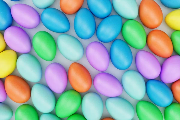 Huevos coloridos de Pascua, color pastel, huevos multicolores: rosa, azul, verde, naranja, amarillo. Concepto de caza de huevos de Pascua. Fiesta del símbolo de Pascua en abril, ilustración 3D —  Fotos de Stock