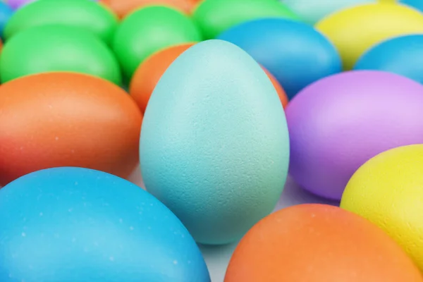 Colorful easter eggs, pastel color, multi color eggs: pink, blue, green, orange, yellow. Concept easter egg hunt. Easter symbol holiday in April, 3D illustration