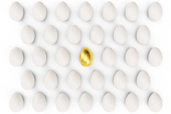 Golden egg in a centre, eggs top view. concept individuality, exclusivity and success in life. Golden egg as a sign of wealth, luxury. Egg as a symbol of easter, holiday, weekend. 3D illustration — Stock Photo, Image