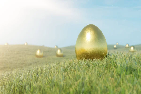 Luxury gold egg on grass. Holiday and easter symbol. Concept spring holidays. Golden eggs on the grass in a beautiful sunny day. 3D illustration