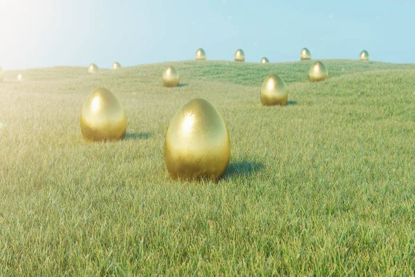 Huevo de oro de lujo sobre hierba. Símbolo festivo y de Pascua. Concepto vacaciones de primavera. Huevos dorados en la hierba en un hermoso día soleado. Ilustración 3D —  Fotos de Stock