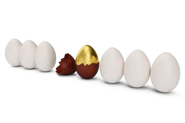 Exclusivo huevo de lujo dorado cubierto de chocolate en fila con huevos blancos. Huevo de Pascua. Huevo de chocolate agrietado. Huevo de chocolate dulce, vacaciones y símbolo de Pascua, ilustración 3D —  Fotos de Stock