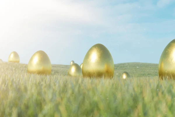 Luxury gold egg on grass. Holiday and easter symbol. Concept spring holidays. Golden eggs on the grass in a beautiful sunny day. 3D illustration