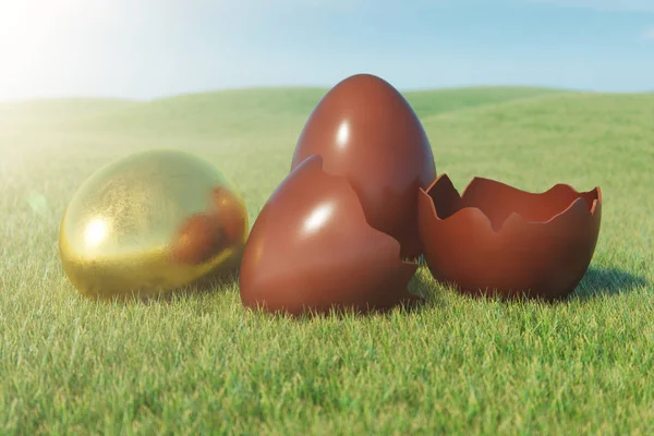 Huevos de oro y chocolate en un prado en un día soleado contra el cielo azul. Huevos de Pascua en la hierba, césped. Concepto de caza de huevos de Pascua en domingo. Fiesta del símbolo de Pascua en abril. Ilustración 3D —  Fotos de Stock