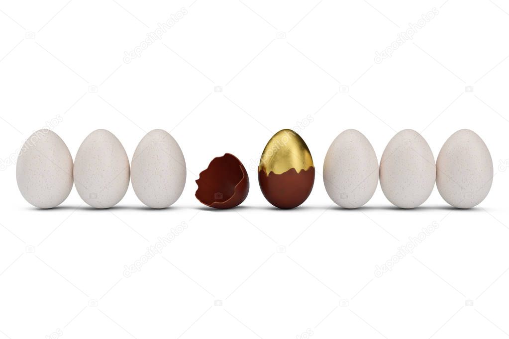 Exclusive Golden luxury egg covered with chocolate in row with white eggs. Easter egg. Cracked chocolate egg. Sweet chocolate egg, holiday and easter symbol, 3D illustration
