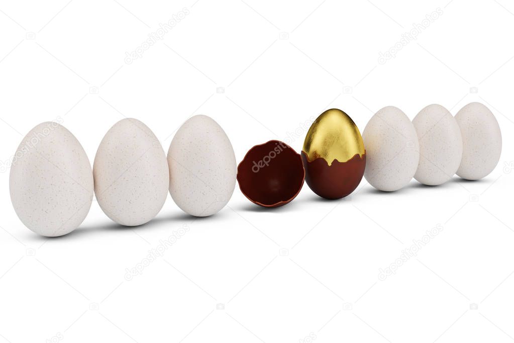 Exclusive Golden luxury egg covered with chocolate in row with white eggs. Easter egg. Cracked chocolate egg. Sweet chocolate egg, holiday and easter symbol, 3D illustration