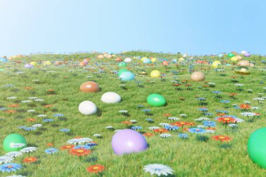 Güzel çiçekler ile güneşli bir günde bir çayır renkli yumurta. Çim, çim üzerinde çok renkli boyalı Paskalya yumurtası. Pazar günü konsept Paskalya yumurtası avı. Nisan ayında Paskalya sembolü tatil, 3D illüstrasyon