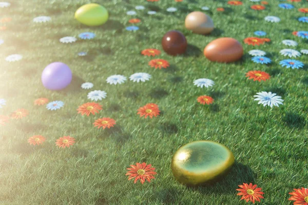 Colorful eggs in a meadow on a sunny day, with beautiful flowers. Multicolored painted easter eggs on grass, lawn. Concept easter eggs hunt in sunday. Easter symbol holiday in April, 3D illustration — Stock Photo, Image