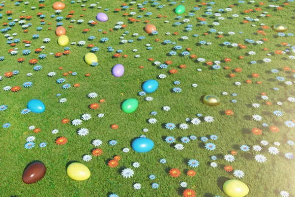 Huevos coloridos en un prado en un día soleado, con hermosas flores. Huevos de Pascua vista superior sobre hierba, césped. Concepto de caza de huevos de Pascua en domingo. Fiesta del símbolo de Pascua en abril, ilustración 3D —  Fotos de Stock