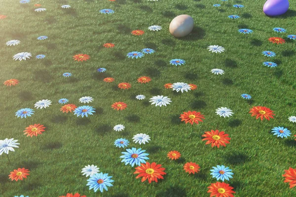 Huevos coloridos en un prado en un día soleado, con hermosas flores. Huevos de Pascua vista superior sobre hierba, césped. Concepto de caza de huevos de Pascua en domingo. Fiesta del símbolo de Pascua en abril, ilustración 3D —  Fotos de Stock