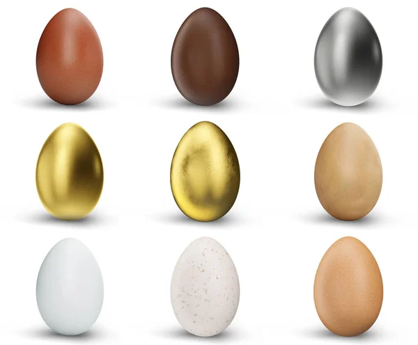 Set de 9 hermosos huevos aislados sobre fondo blanco. Huevos dorados, plateados, chocolate, marrones y blancos. Huevos como símbolo de Pascua, vacaciones, fin de semana, ilustración 3D —  Fotos de Stock