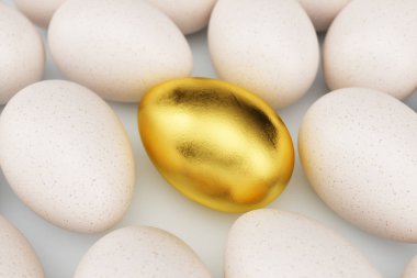 Beyaz yumurtaların etrafında tek altın yumurta, kavram bireysellik, münhasır ve hayatta başarı. Benzersiz altın yumurta. Altın yumurta diğer yumurtalar arasında duruyor. Tatil sembolü, Paskalya, 3D illüstrasyon