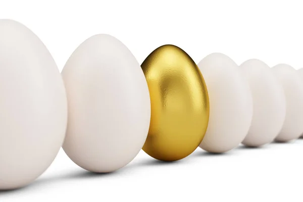 Huevo dorado alrededor de huevos blancos en fila. Primer plano del huevo dorado. Huevo de oro como signo de riqueza, lujo. Huevo como símbolo de Pascua, vacaciones, fin de semana, ilustración 3D — Foto de Stock