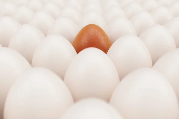 Huevo de naranja en un centro. Fondo de huevos de gallina blanca con un huevo de naranja. Símbolo de Pascua, días festivos. Concepto feliz Pascua. Alimentos saludables, producción de huevos, ilustración en 3D — Foto de Stock