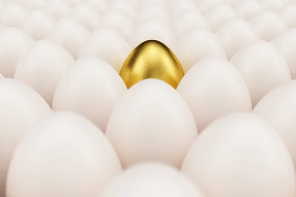 Huevo dorado y de lujo en un centro. Fondo de huevos de gallina blanca con un huevo de oro. Símbolo de Pascua, días festivos. Concepto feliz Pascua, Ilustración 3D — Foto de Stock