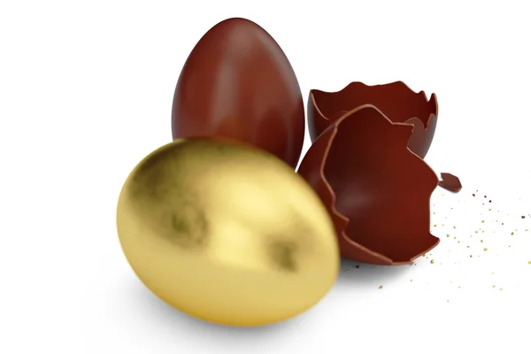 Золотое роскошное яйцо и шоколадное пасхальное яйцо. Разбитое шоколадное яйцо. Сладкие шоколадные яйца, праздничный и пасхальный символ, 3D иллюстрация — стоковое фото