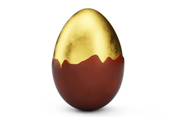 Huevo de lujo dorado cubierto de chocolate. Huevo de Pascua. Huevo de chocolate roto y quebrado. Huevo de chocolate dulce, vacaciones y símbolo de Pascua, ilustración 3D —  Fotos de Stock