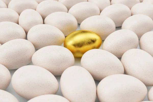 Huevo dorado individual alrededor de huevos blancos, concepto individualidad, exclusividad y éxito en la vida. Huevo dorado único. El huevo dorado destaca entre los otros huevos. Símbolo de fiesta, Pascua, Ilustración 3D — Foto de Stock
