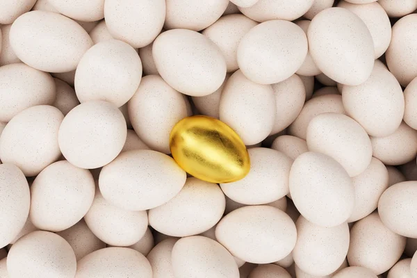 Huevo dorado individual alrededor de huevos blancos, concepto individualidad, exclusividad y éxito en la vida. Huevo dorado único. Vista superior de huevo dorado. Símbolo de fiesta, Pascua, Ilustración 3D — Foto de Stock
