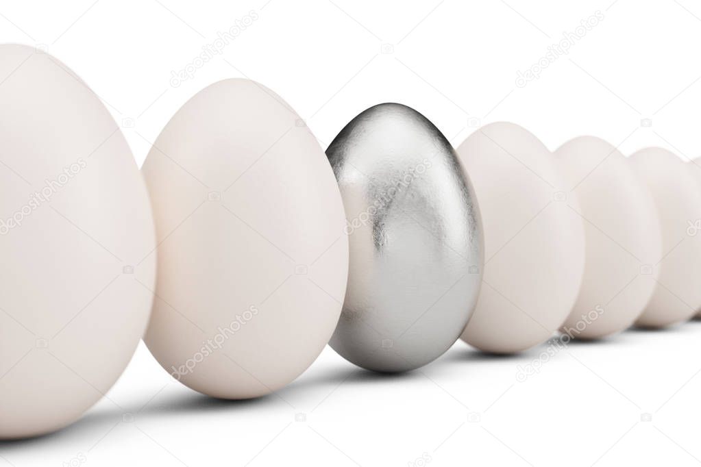 Silver egg around white eggs in row. Silver egg closeup. Silver egg as a sign of wealth, luxury. Egg as a symbol of easter, holiday, weekend, 3D illustration