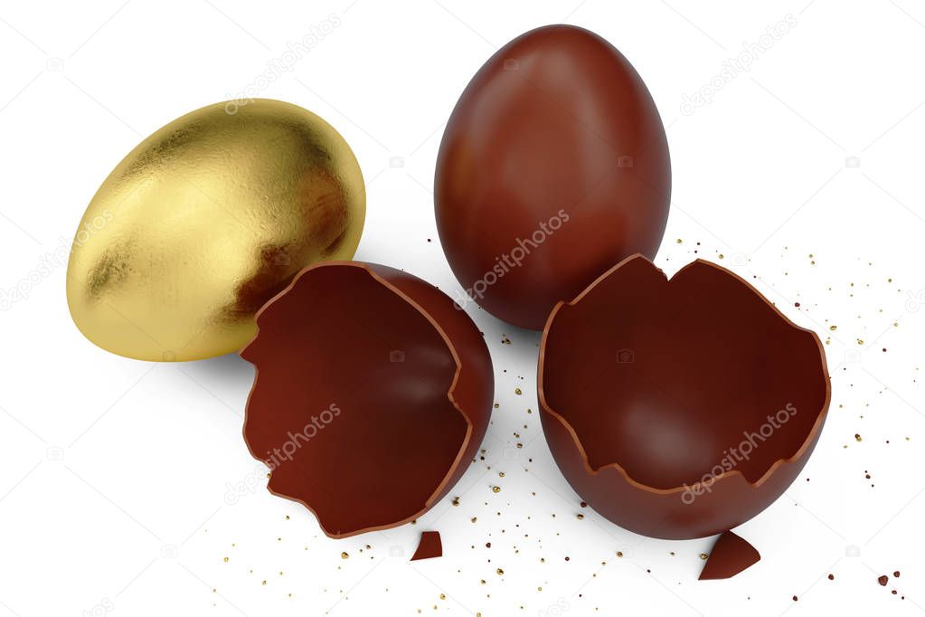 Gold luxury egg and chocolate easter egg. Broken, cracked chocolate egg. Sweet chocolate eggs, holiday and easter symbol, 3D illustration