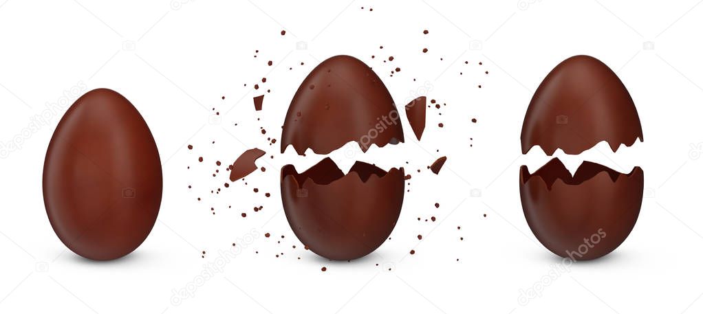 Set sweet chocolate eester eggs, eggs cracked into many pieces isolated on a white background. Chocolate Easter egg, holiday symbol. Egg made from cocoa. 3D illustration