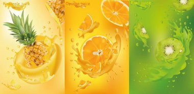 Meyve suyu, ananas, kivi, turuncu. Taze meyveler. Meyve sıçraması yakın. Vektör grafikleri.