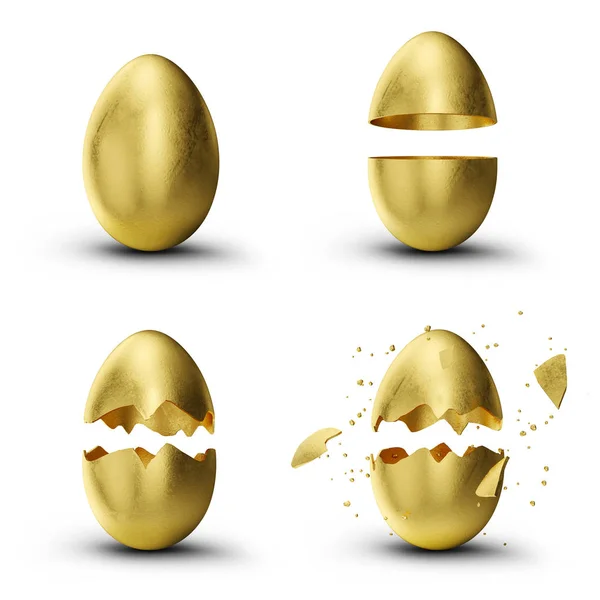 Huevos dorados de Pascua de lujo. Establezca huevos dorados agrietados, rotos en muchas piezas aisladas sobre un fondo blanco. Huevos de Pascua de oro símbolo de vacaciones, ilustración 3D —  Fotos de Stock