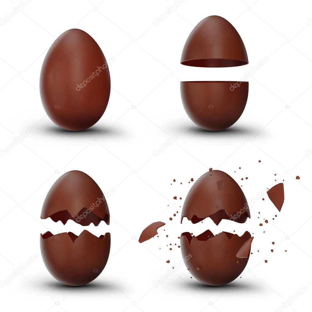 Set sweet chocolate easter eggs. Chocolate eggs cracked, broken into many pieces isolated on a white background. Chocolate Easter egg, holiday symbol, Egg made from cocoa. 3D illustration