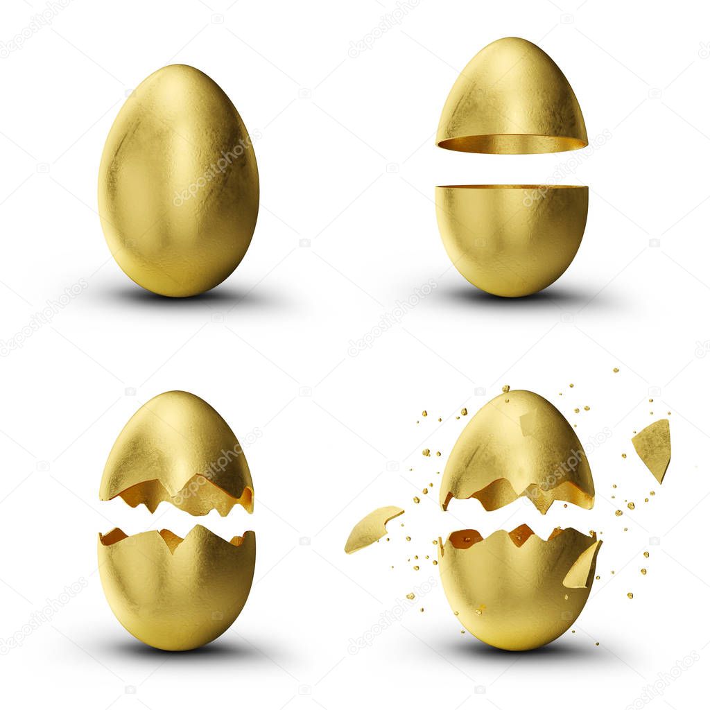 Golden, luxury easter set eggs. Set golden eggs cracked, broken into many pieces isolated on a white background. Golden easter eggs holiday symbol, 3D illustration