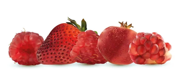 Διάνυσμα φράουλα, βατόμουρο και ρόδι 3D, απομονωμένο σε λευκό φόντο. Ωμό φρούτο. Έννοια της καλής διατροφής, υγιεινό φαγητό και τρόπο ζωής. Απεικόνιση διανυσματικών φορέων — Διανυσματικό Αρχείο