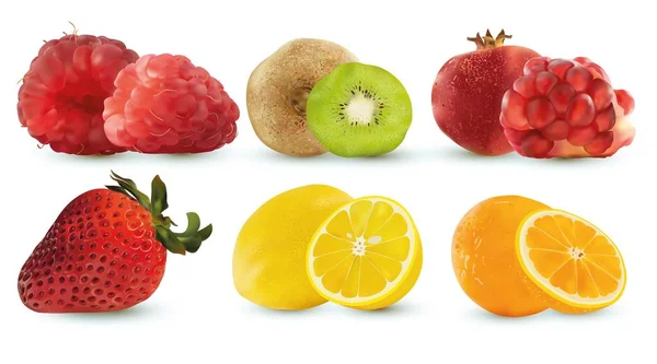 Conjunto de framboesa, kiwi, pormegranate, morango, limão e laranja. Conjunto, grupo ou coleção de seis frutos. Fruta crua. Conceito boa nutrição, alimentação saudável e estilo de vida, ilustração vetorial — Vetor de Stock