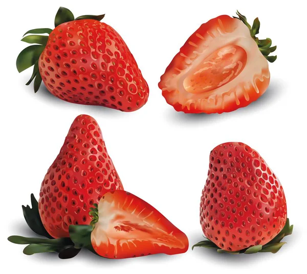 Set, Gruppe, Sammlung Erdbeere realistischen 3D-Vektor. rohe Erdbeerfrüchte setzen. Erdbeeren in Scheiben schneiden. Konzept guter Ernährung, gesunder Ernährung und Lebensweise, Vektorillustration — Stockvektor