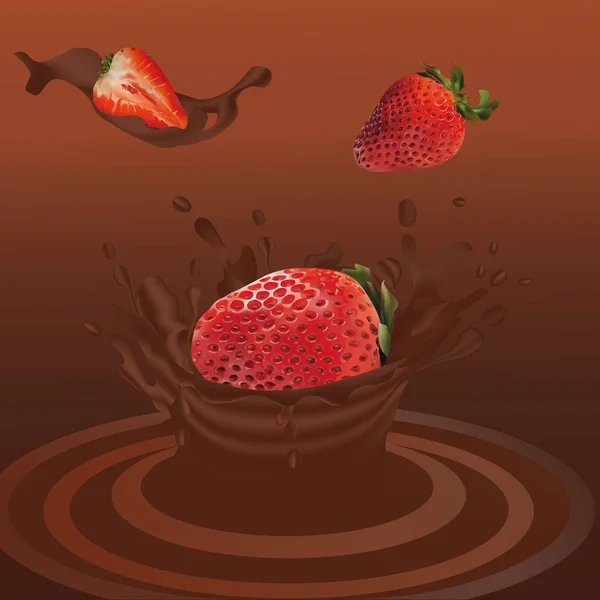 Splash fresa en chocolate realista 3d vector. Fruta de fresa cruda. Entero y rebanada de fresa con salpicaduras de chocolate. Concepto de buena nutrición, alimentación saludable y estilo de vida, ilustración vectorial — Archivo Imágenes Vectoriales