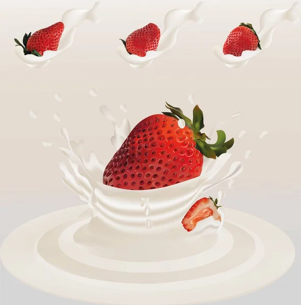 Splash Erdbeere in Milch realistischen 3D-Vektor. rohe Erdbeerfrüchte. ganz und in Scheiben schneiden Erdbeere mit Spritzer Milch. Konzept guter Ernährung, gesunder Ernährung und Lebensweise, Vektorillustration — Stockvektor