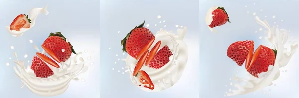 Splash fresa en la leche realista 3d vector. Fruta de fresa cruda. Entero y rebanada de fresa con salpicaduras de leche. Concepto de buena nutrición, alimentación saludable y estilo de vida, ilustración vectorial — Archivo Imágenes Vectoriales