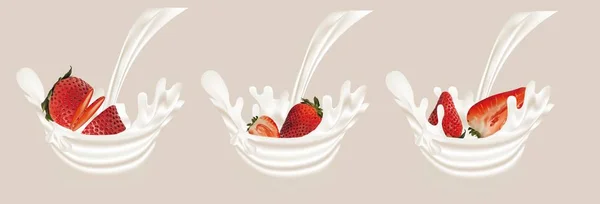 Spruzza la fragola nel vettore 3d realistico del latte. Frutta cruda alla fragola. Fragola intera e affettata con spruzzi di latte. Concetto di buona alimentazione, cibo sano e stile di vita, Illustrazione vettoriale — Vettoriale Stock