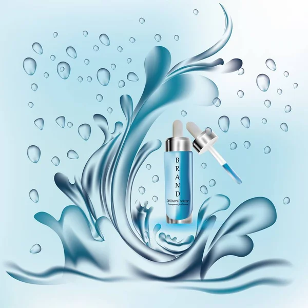 Transparent facial serum, realistic cosmetic serum with water splash. Splashing water. Blue background. 3d vector. — Stock Vector