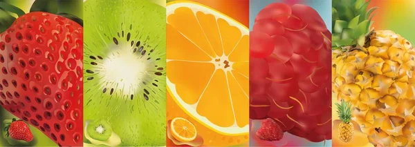 3d fruta realista, piña, frambuesa, kiwi, fresa, naranja. Gráficos vectores. Un juego de frutas . — Vector de stock