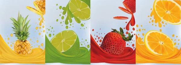 Gyümölcslé, ananász, lime, narancs, eper. Friss gyümölcsök. Gyümölcs fröccsenések közelről. 3D vektorillusztráció. — Stock Vector
