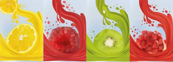 Jugo de fruta realista, kiwi, frambuesa, granada, limón. Frutas frescas. Salpicaduras de fruta de cerca. 3d vector ilustración . — Archivo Imágenes Vectoriales