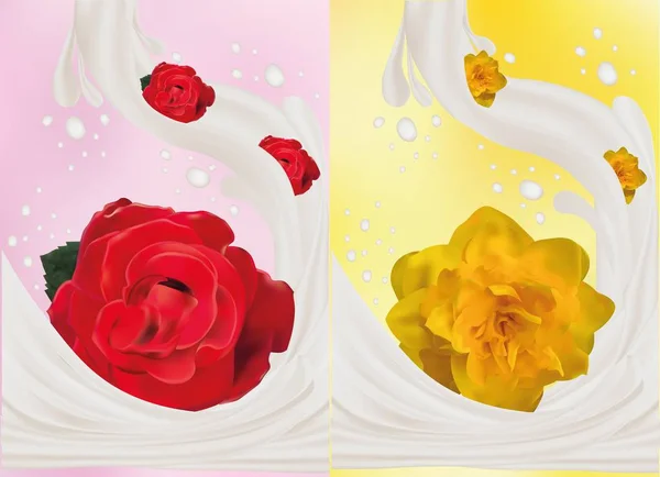3D逼真的玫瑰和水仙与牛奶飞溅特写。矢量插图。牛奶溅落和鲜花. — 图库矢量图片