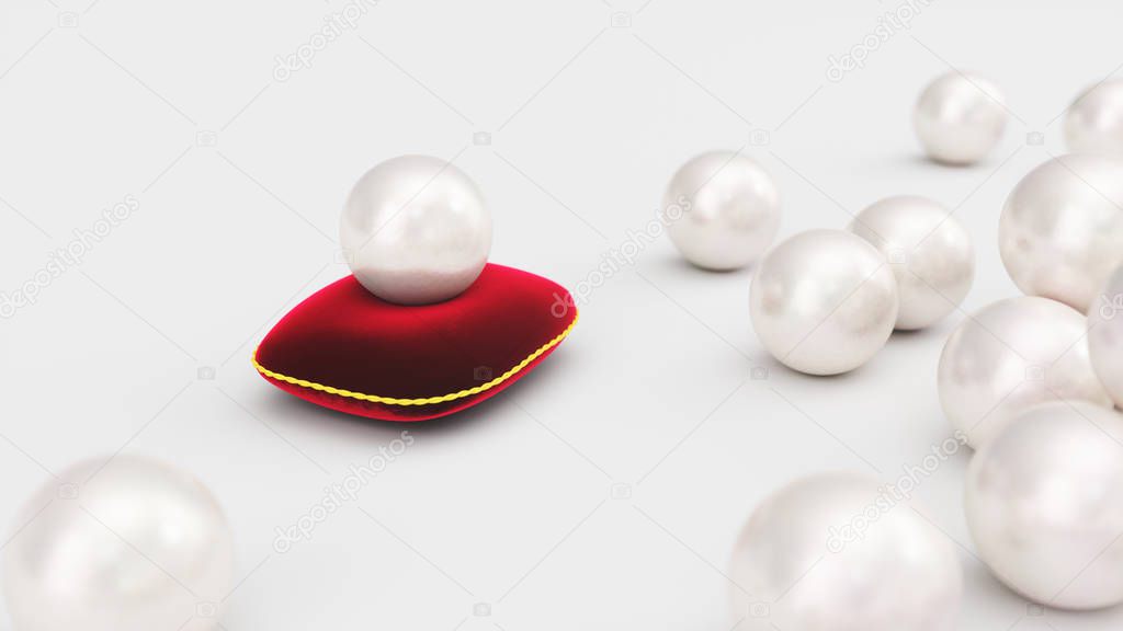 3d rendering of a pearl on a soft red velvet pillow with a gold stroke. Beautiful pearl, expensive jewelry for women. Background of the plurality of beautiful pearls, Beautiful shiny sea pearl