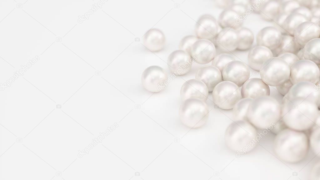 Pile of pearls. Background of the plurality of beautiful pearls. Gems, womens jewelry, nacre beads. Background For your banner, poster, logo. Beautiful shiny sea pearl. 3d illustration
