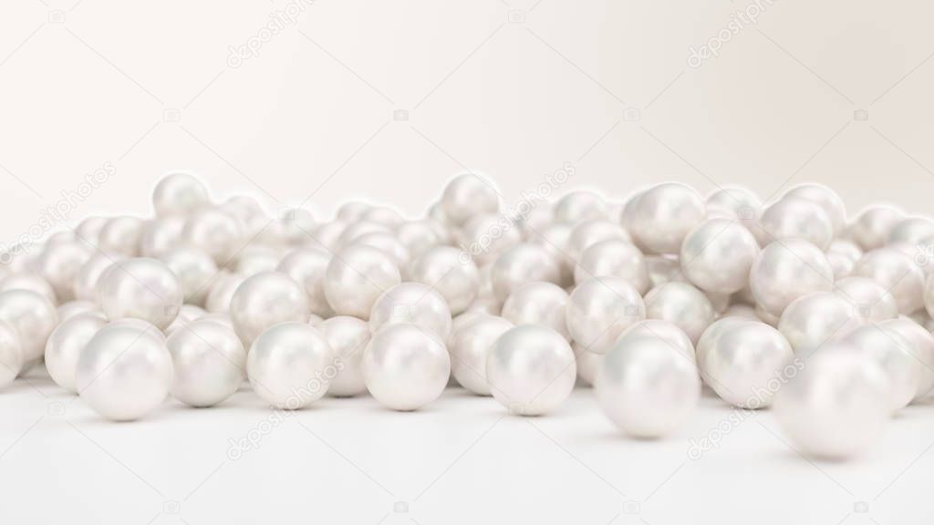Pile of pearls. Background of the plurality of beautiful pearls. Gems, womens jewelry, nacre beads. Background For your banner, poster, logo. Beautiful shiny sea pearl. 3d illustration