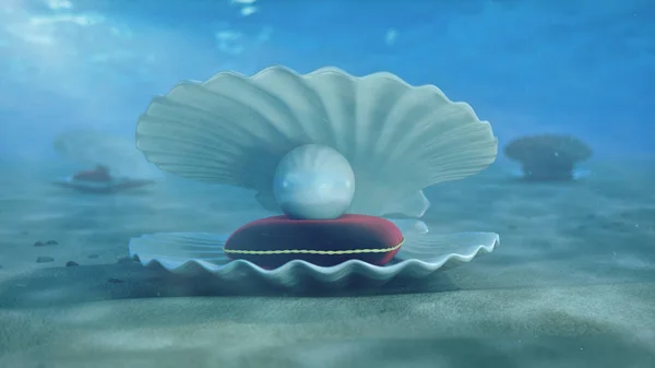 Mother of pearls underwater. Sea shell underwater with pearl inside and red velvet pillow. Oysters and pearls on the underwater sandy seabed. Sunlight beams and shine through water, 3D Illustration