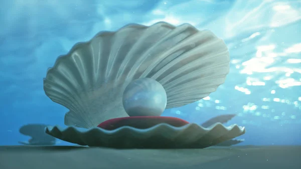 Mother of pearls underwater. Sea shell underwater with pearl inside and red velvet pillow. Oysters and pearls on the underwater sandy seabed. Sunlight beams and shine through water, 3D Illustration